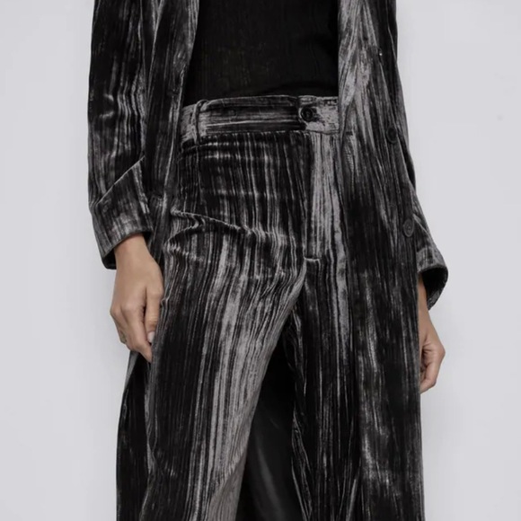 Zara Grey Crushed Velvet High-Waisted Straight Leg Trousers - Picture 6 of 14